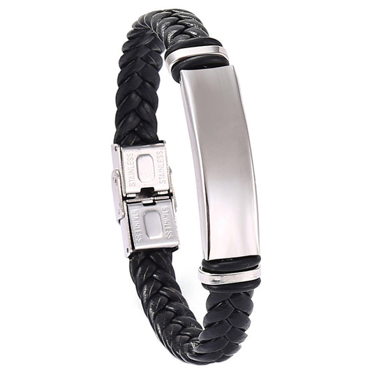 Herrenarmband aus geflochtenem Leder mit Edelstahlplatte